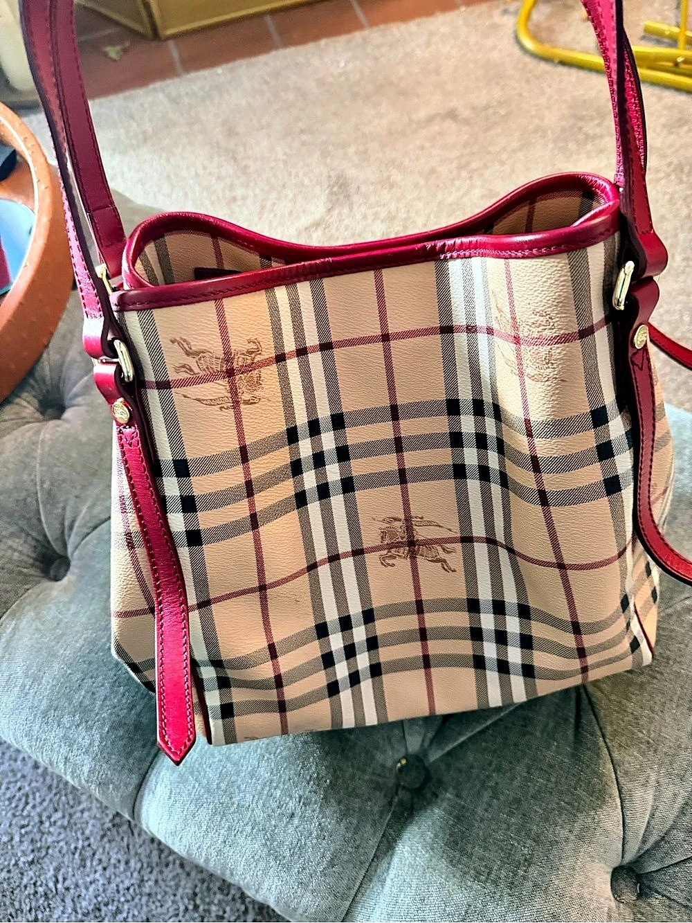 Burberry Medium Ashby Bucket Bag Plaid in Red & Beige